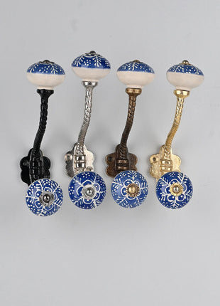 Blue And White Ceramic Knob White Embossed Design With Metal Wall Hanger