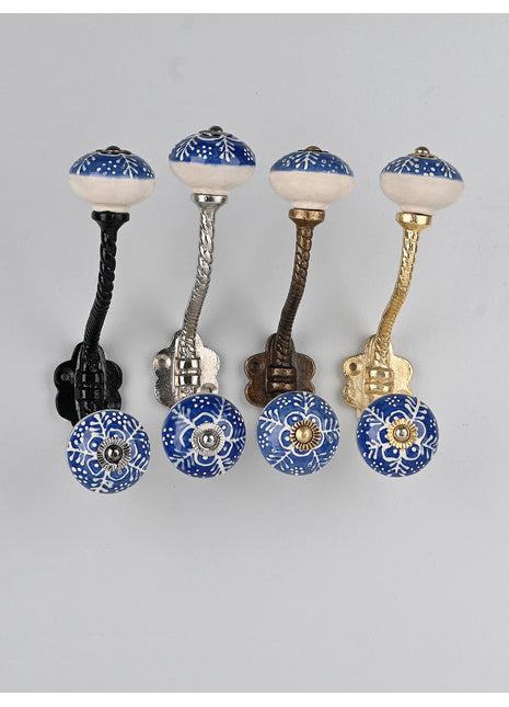 Blue And White Ceramic Knob White Embossed Design With Metal Wall Hanger