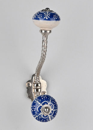 Blue And White Ceramic Knob White Embossed Design With Metal Wall Hanger