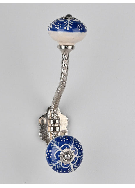 Blue And White Ceramic Knob White Embossed Design With Metal Wall Hanger