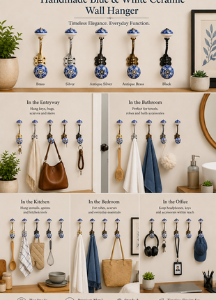 Blue And White Ceramic Knob White Embossed Design With Metal Wall Hanger