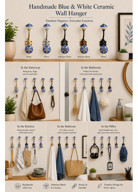 Blue And White Ceramic Knob White Embossed Design With Metal Wall Hanger