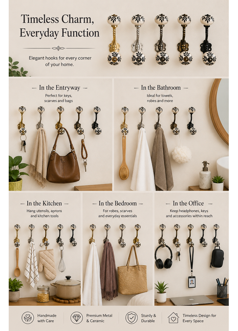 White Ceramic Knob Black Petal Stem Design With Metal Wall Hanger