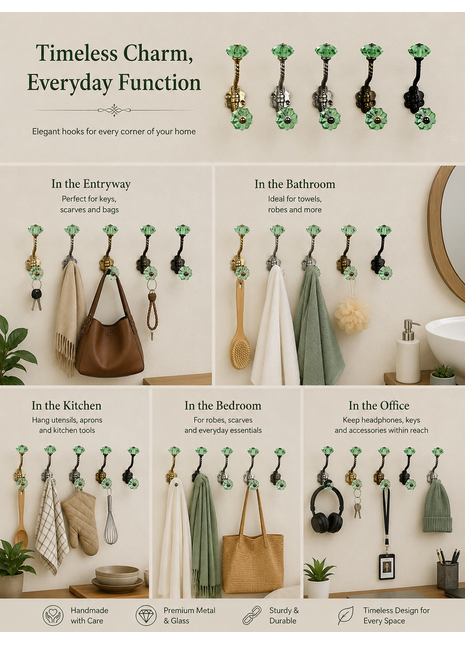 Unique Metal Wall Hanger With Green Glass Knob
