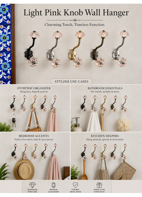 Beautiful Metal Wall Hanger With Light Pink Glass Knob