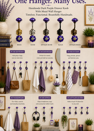 Dark Purple Drawer Knob With Metal Wall Hook