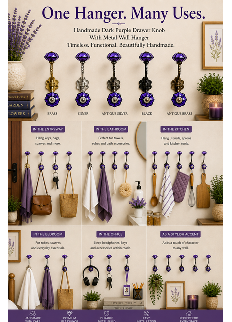 Dark Purple Drawer Knob With Metal Wall Hook