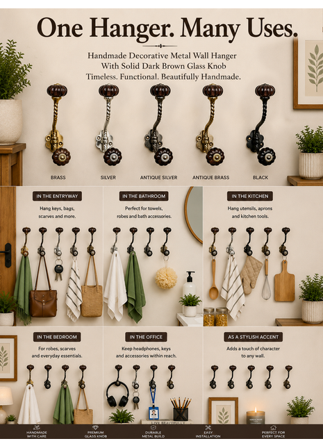 Decorative  Metal Wall Hanger With Solid Dark Brown Glass Knob