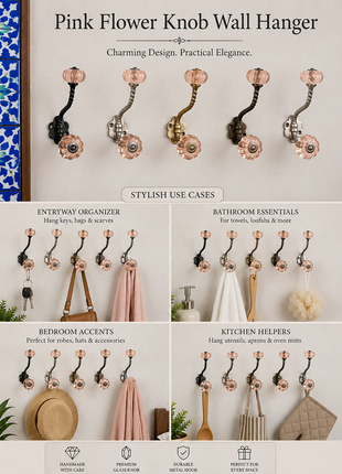Pink Flower Shaped Glass Knob with Metal Wall Hanger