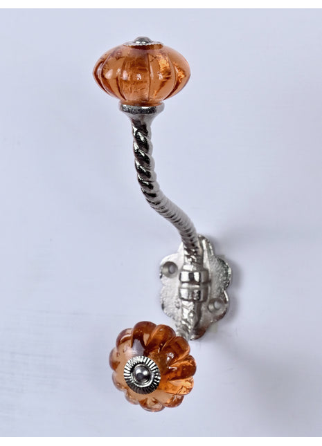 Orange Flower Shaped Glass Knob with Metal Wall Hanger