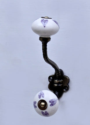 Purple Heart Design On White Base Ceramic Knob With Metal Wall Hanger