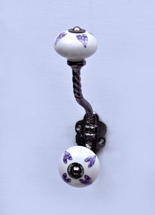 Purple Heart Design On White Base Ceramic Knob With Metal Wall Hanger