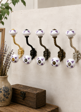 Purple Heart Design On White Base Ceramic Knob With Metal Wall Hanger