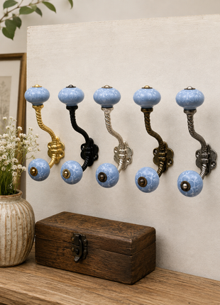 White Floral Pattern on Powder Blue With Metal Wall Hanger