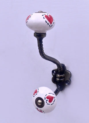 Red Heart On White Ceramic Knob With Metal Wall Hanger