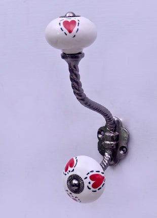 Red Heart On White Ceramic Knob With Metal Wall Hanger