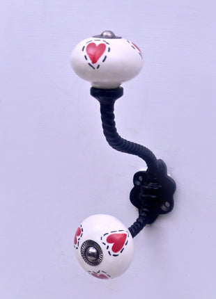Red Heart On White Ceramic Knob With Metal Wall Hanger