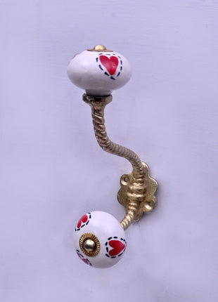 Red Heart On White Ceramic Knob With Metal Wall Hanger