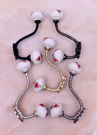 Red Heart On White Ceramic Knob With Metal Wall Hanger