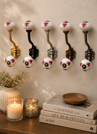 Red Heart On White Ceramic Knob With Metal Wall Hanger