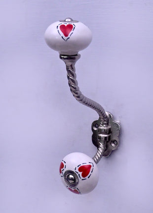 Red Heart On White Ceramic Knob With Metal Wall Hanger