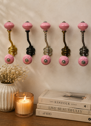 Pink Ceramic Knob With Metal Wall Hanger