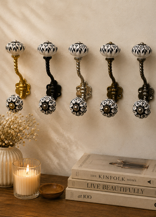Black Design on White Ceramic Knob With Metal Wall Hanger