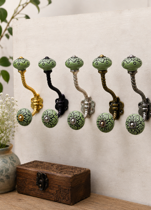Black Design on Green Ceramic Knob With Metal Wall Hanger