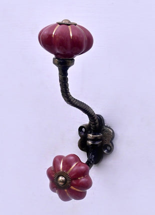 Golden Line on Dark Red Ceramic Knob With Metal Wall Hanger