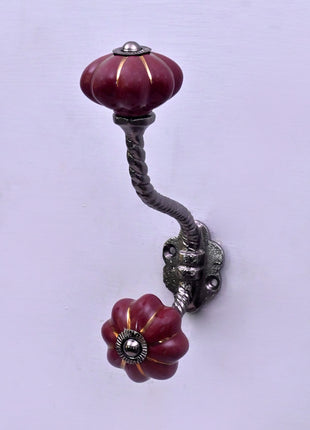 Golden Line on Dark Red Ceramic Knob With Metal Wall Hanger