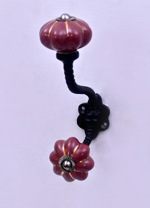 Golden Line on Dark Red Ceramic Knob With Metal Wall Hanger