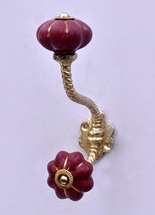 Golden Line on Dark Red Ceramic Knob With Metal Wall Hanger