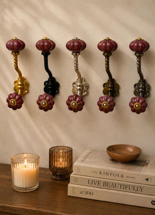 Golden Line on Dark Red Ceramic Knob With Metal Wall Hanger