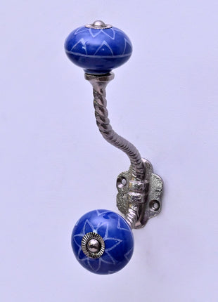White Design on Blue Ceramic Knob With Metal Wall Hanger