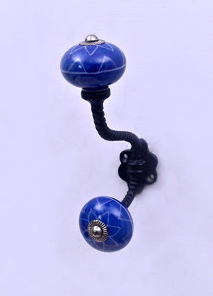 White Design on Blue Ceramic Knob With Metal Wall Hanger