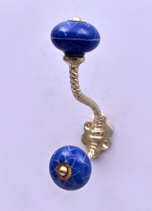 White Design on Blue Ceramic Knob With Metal Wall Hanger