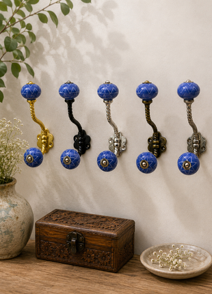 White Design on Blue Ceramic Knob With Metal Wall Hanger