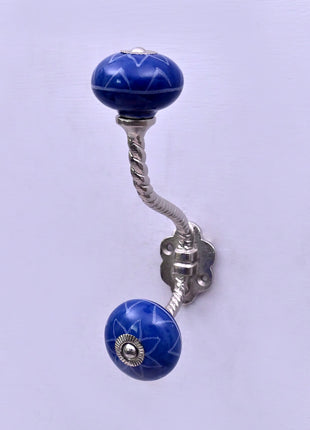 White Design on Blue Ceramic Knob With Metal Wall Hanger