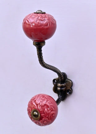 Red Flower Design Ceramic Knob With Metal Wall Hanger