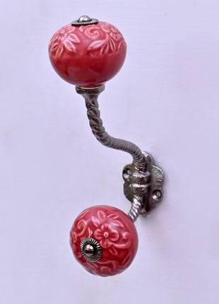 Red Flower Design Ceramic Knob With Metal Wall Hanger