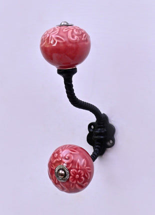 Red Flower Design Ceramic Knob With Metal Wall Hanger