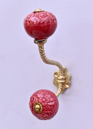 Red Flower Design Ceramic Knob With Metal Wall Hanger