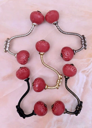 Red Flower Design Ceramic Knob With Metal Wall Hanger