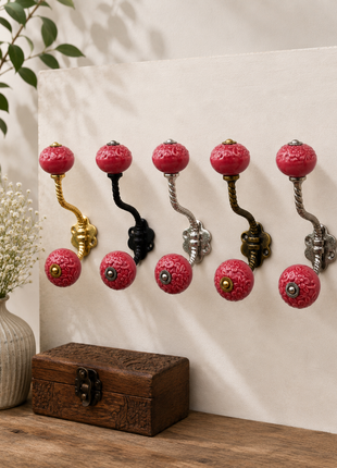 Red Flower Design Ceramic Knob With Metal Wall Hanger