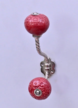 Red Flower Design Ceramic Knob With Metal Wall Hanger