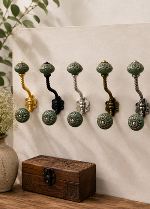 Dark Brown Design on Green Ceramic Knob With Metal Wall Hanger