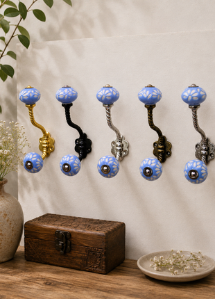 White Design on Soft Powder Blue Ceramic Knob With Metal Wall Hanger