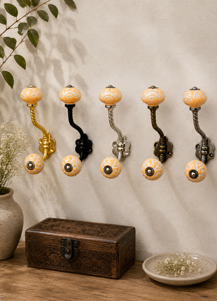 Yellow Embossed Ceramic Knob With Metal Wall Hanger