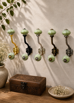 White Outline on Green Base Ceramic Knob With Metal Wall Hanger