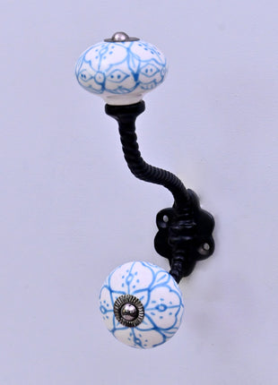 Blue Floral Pattern on White Ceramic Knob With Metal Wall Hanger